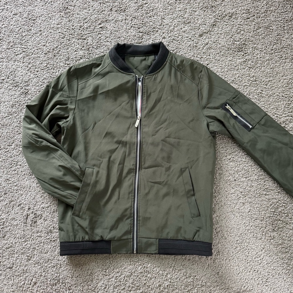 Men's Olive Green Bomber Jacket - Slim Fit